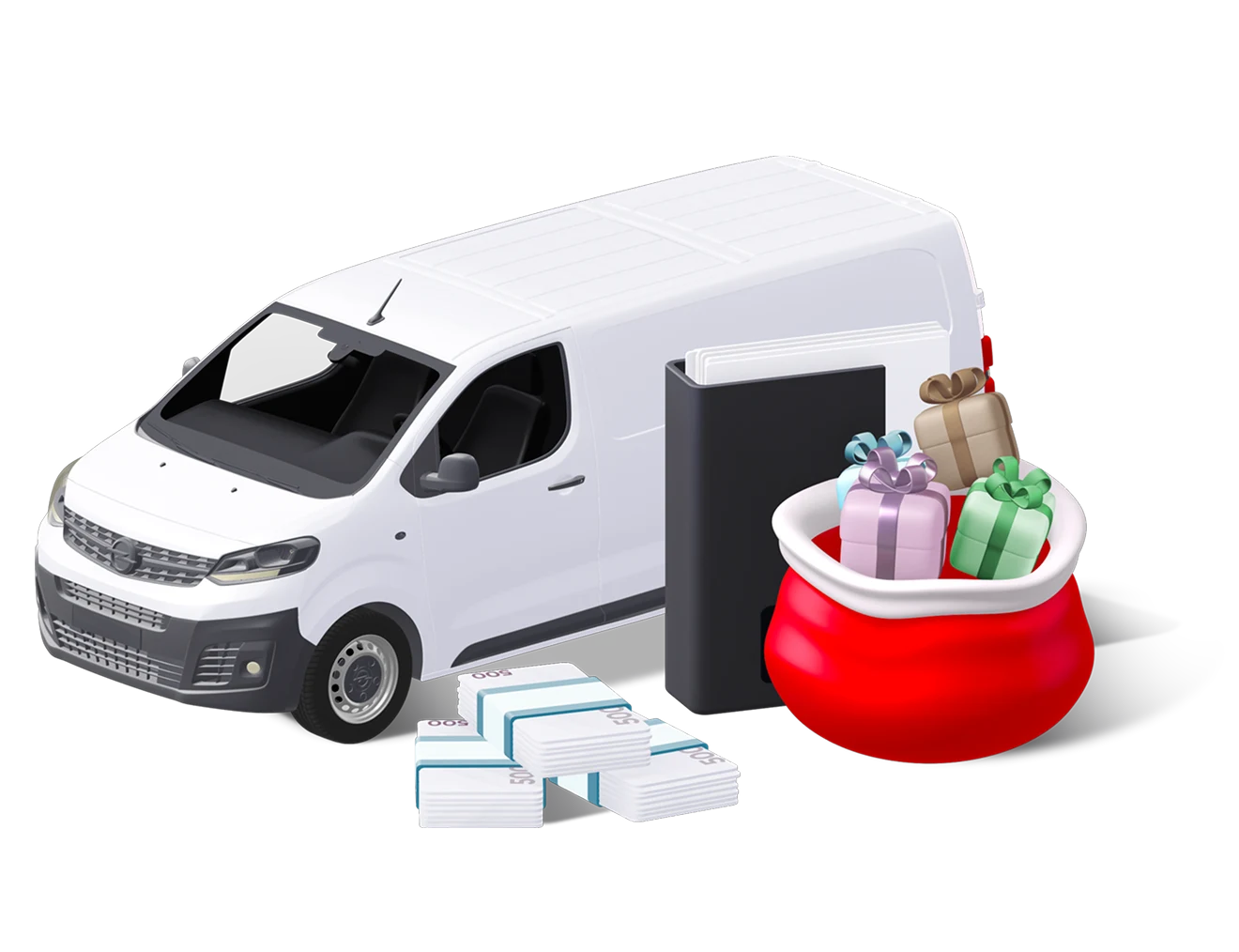 Білий фургон, перед ним тека з документами, три пачки банкнот та мішечок із подарунками