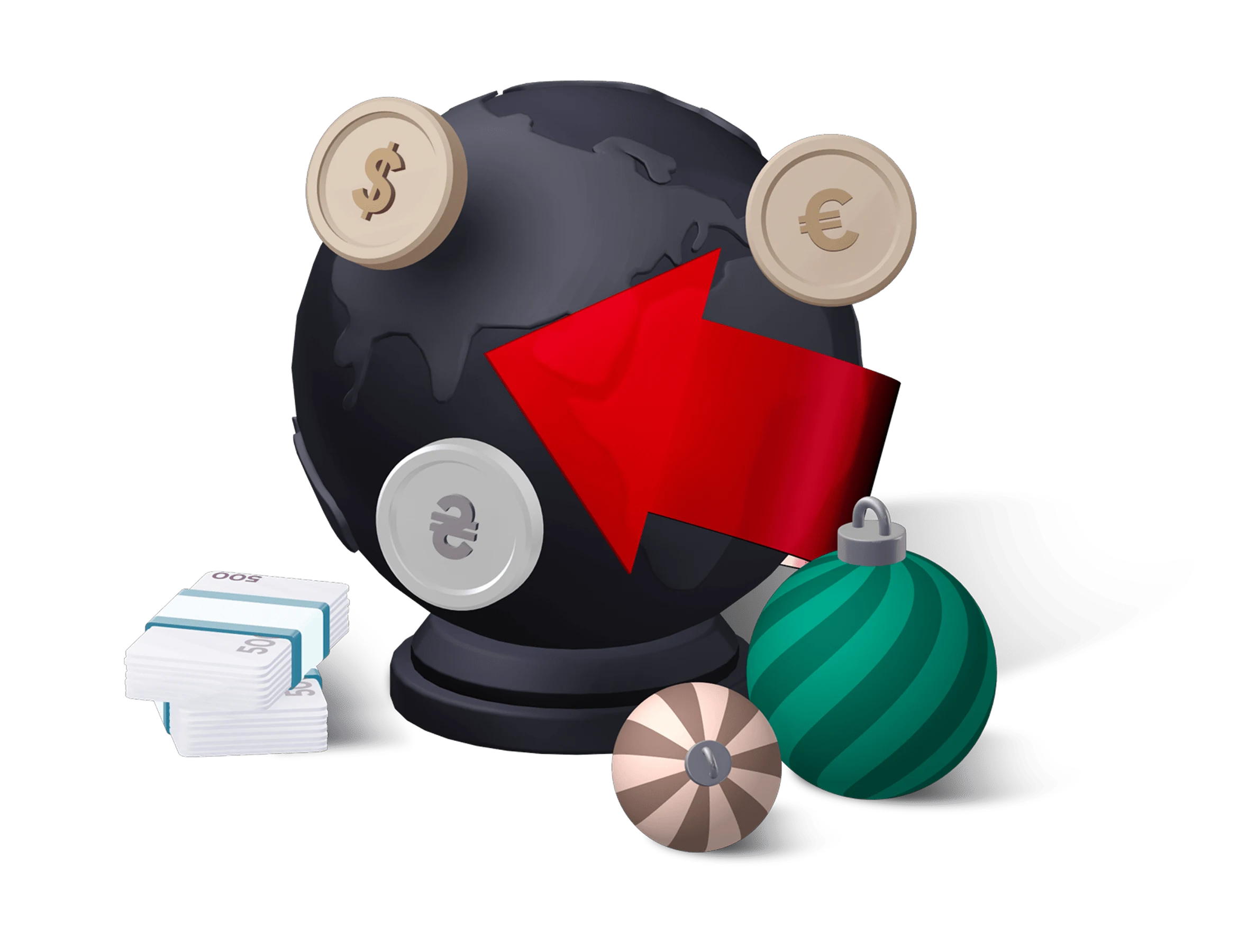 На фоні глобусу літають кілька монети в різних валютах, поруч з глобусом пачка банківських банкнот, ялинкові прикраси