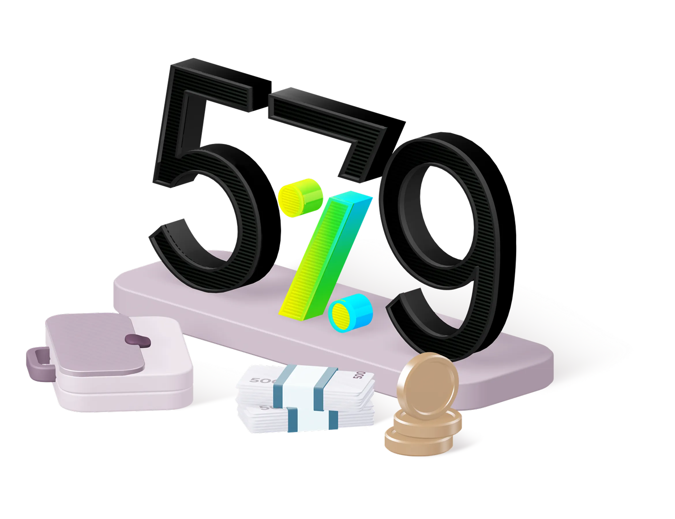 Цифри 5,7 та 9, знак відсотка, сумка-портфель, дві пачки банківських банкнот та кілька монет