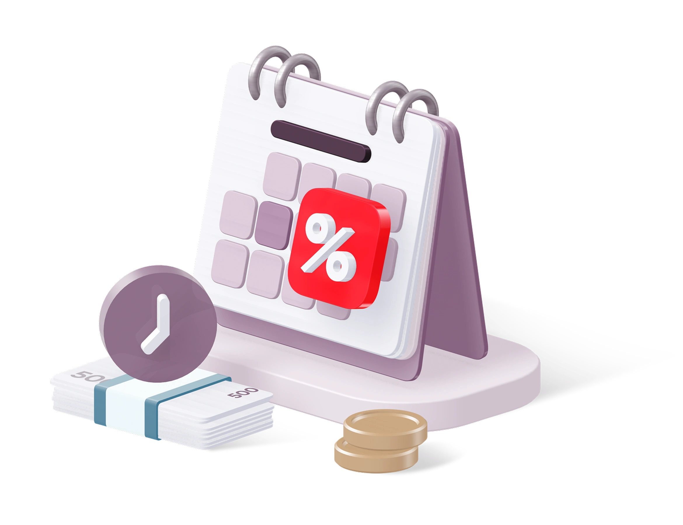 Депозит "Зручний". Оформлення онлайн.Мінімальна сума 100 тисяч гривень,строк 1 день, ставка встановлюється щоденно. Зображено календар, символ "відсотка", стуси банківських банкнот та монет.