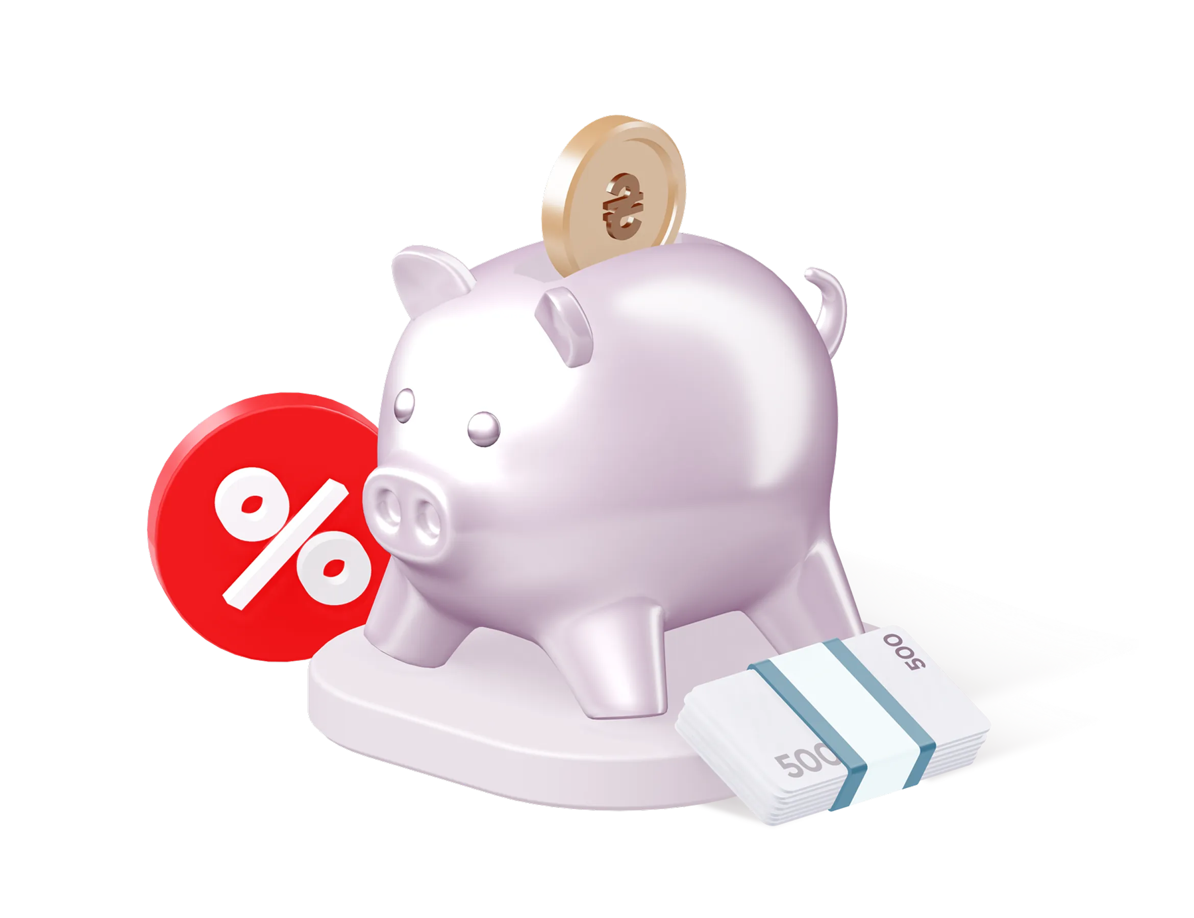 Депозит "Стандартний". Оформлення онлайн.Мінімальна сума 100 тисяч гривень,строк від 2 до 366 днів, ставка до 10,5%. Зображено скарбничка в вигляді порося, символ "відсотка", стус банківських банкнот.