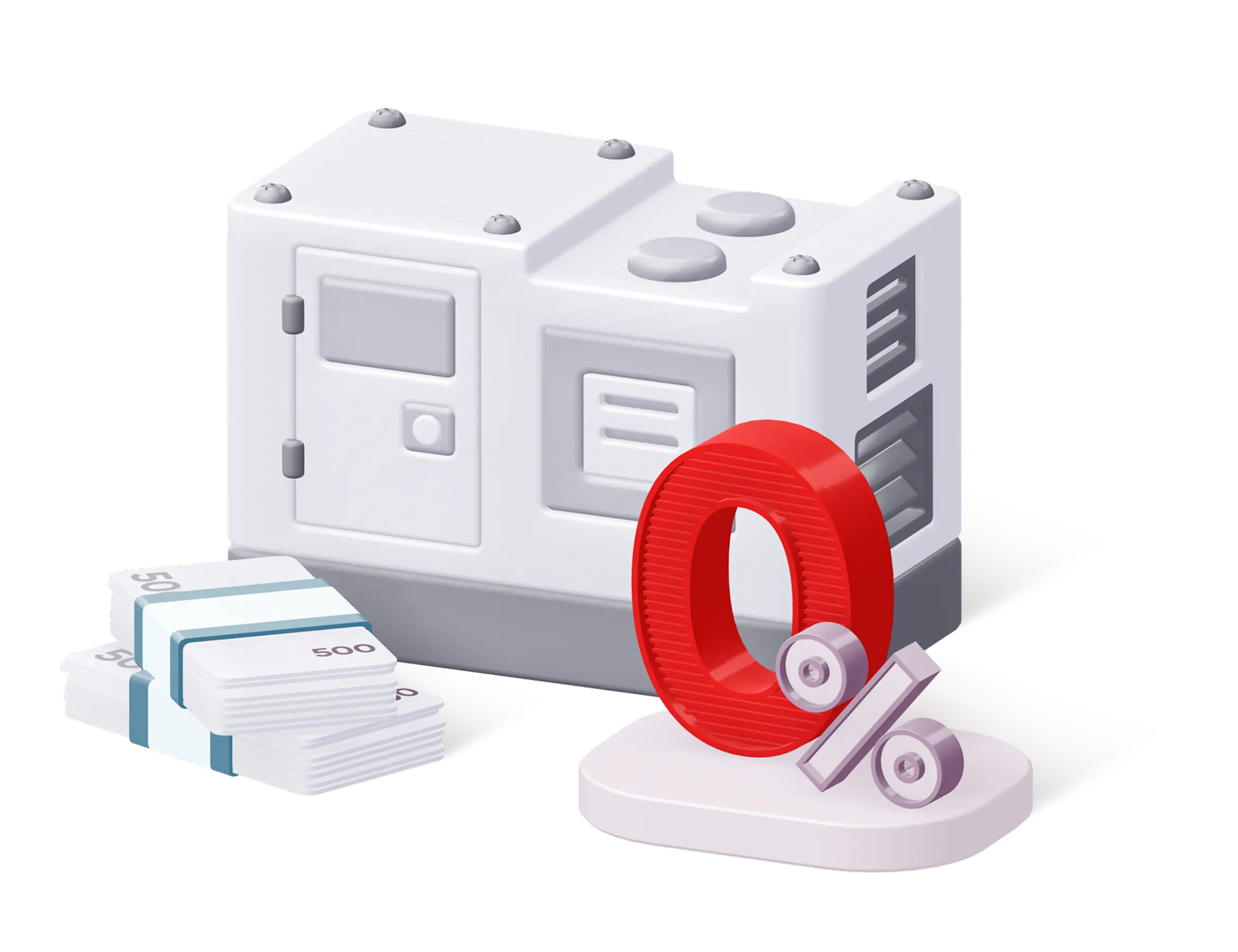 Генератор електроенергії, стоси банкнот і символ 0 %, що символізує нульову комісію на енергообладнання