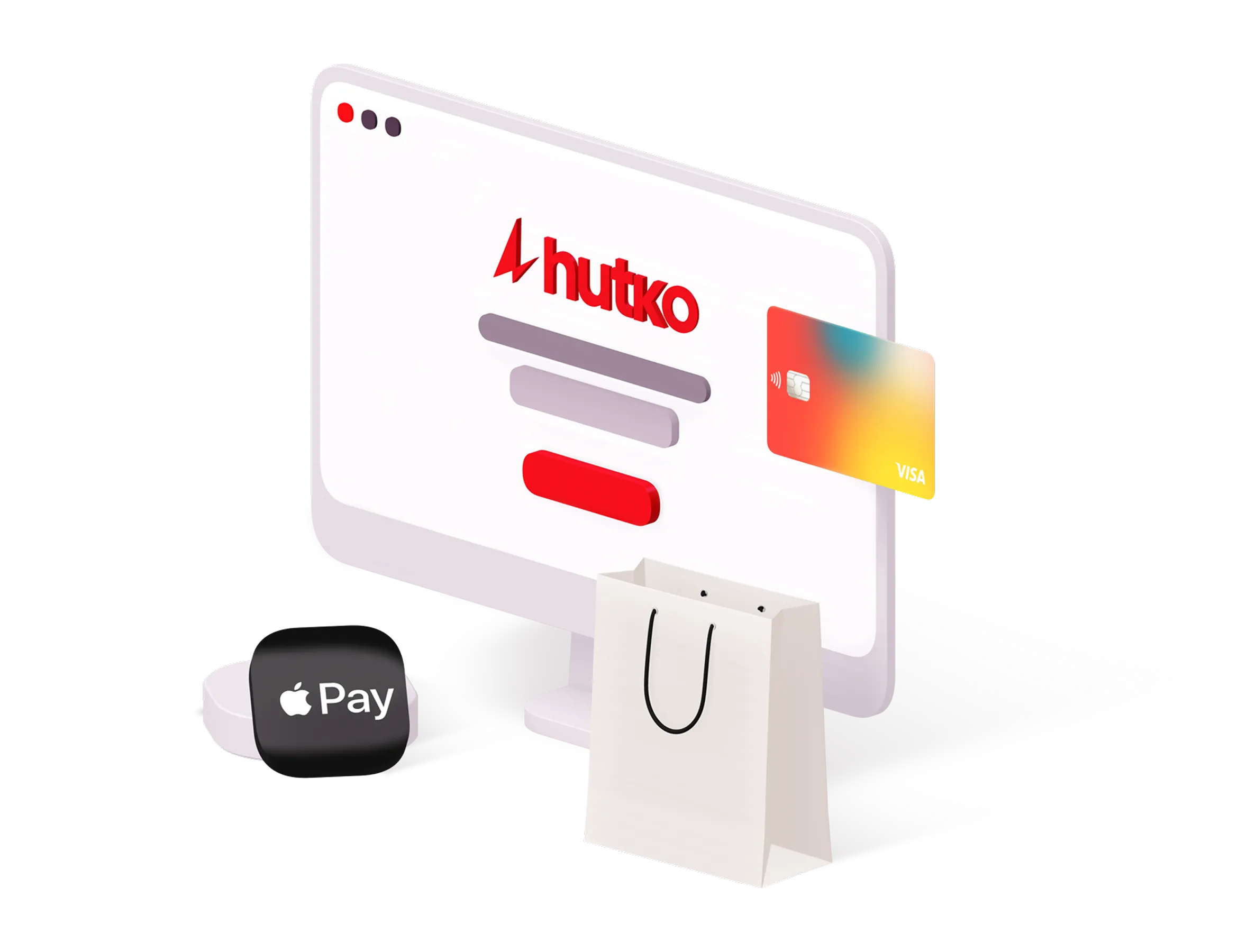 Монітор на екрані якого відкрито сторінку hutko, поруч пластикова картка, подарунковий пакет та значок епл пей