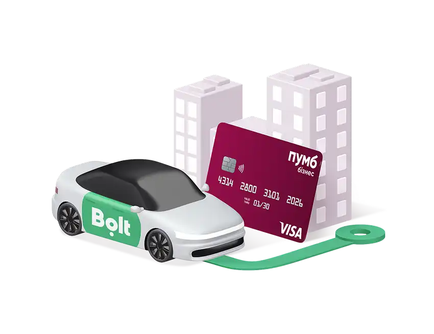 Білий електромобіль Bolt на тлі будівель і банківської картки Visa від ПУМБ Бізнес
